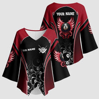 Personalized Billiards Eight Ball Kimono Sleeve Blouse with Red Wing Emblem and Black Gradient Bubble Pattern - Wonder Print Shop