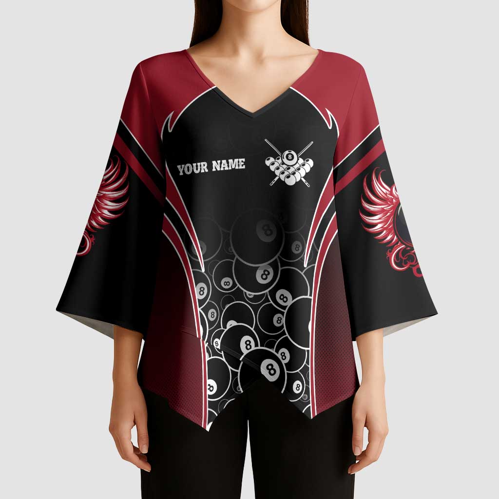 Personalized Billiards Eight Ball Kimono Sleeve Blouse with Red Wing Emblem and Black Gradient Bubble Pattern - Wonder Print Shop