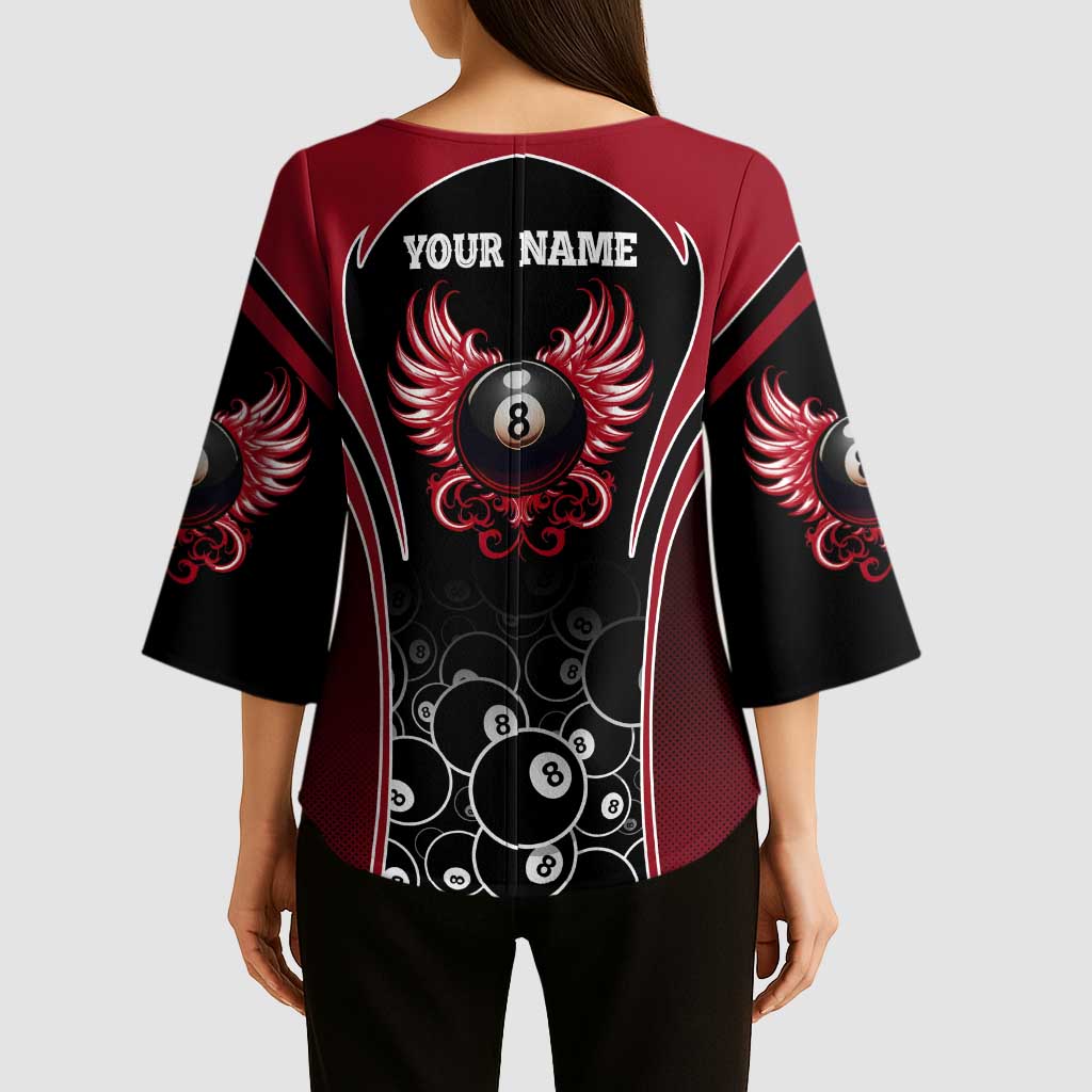 Personalized Billiards Eight Ball Kimono Sleeve Blouse with Red Wing Emblem and Black Gradient Bubble Pattern - Wonder Print Shop