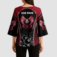 Personalized Billiards Eight Ball Kimono Sleeve Blouse with Red Wing Emblem and Black Gradient Bubble Pattern - Wonder Print Shop
