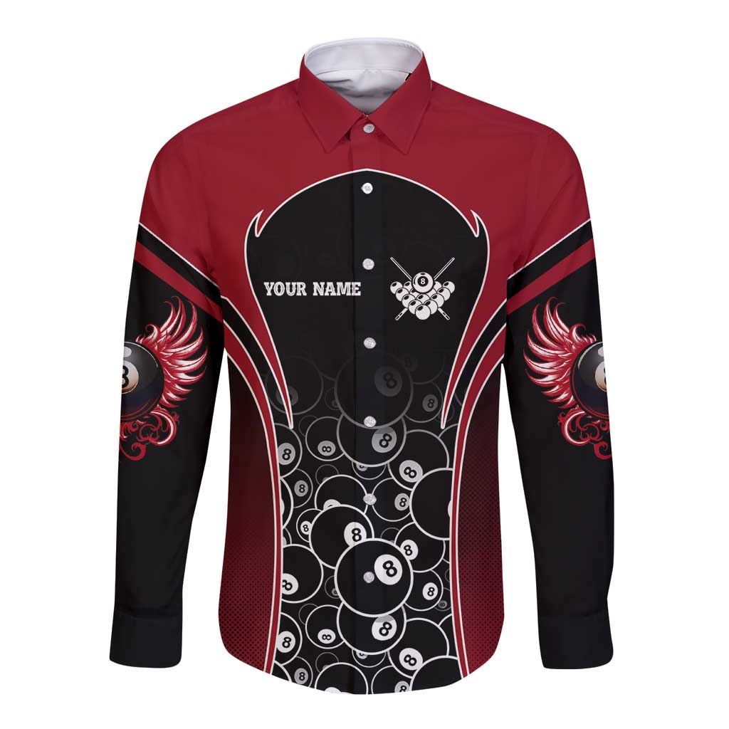 Personalized Billiards Eight Ball Long Sleeve Button Shirt with Red Wing Emblem and Black Gradient Bubble Pattern - Wonder Print Shop
