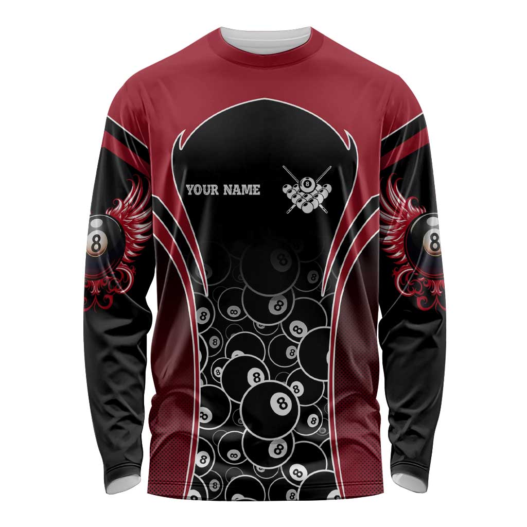 Personalized Billiards Eight Ball Long Sleeve Shirt with Red Wing Emblem and Black Gradient Bubble Pattern - Wonder Print Shop