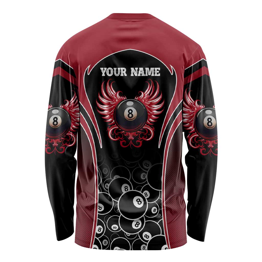 Personalized Billiards Eight Ball Long Sleeve Shirt with Red Wing Emblem and Black Gradient Bubble Pattern - Wonder Print Shop