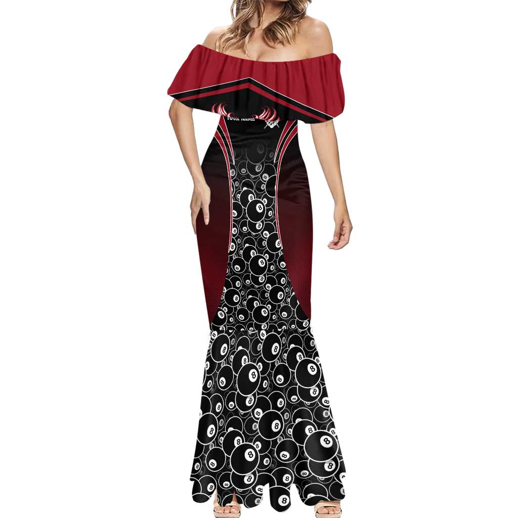 Personalized Billiards Eight Ball Mermaid Dress with Red Wing Emblem and Black Gradient Bubble Pattern - Wonder Print Shop
