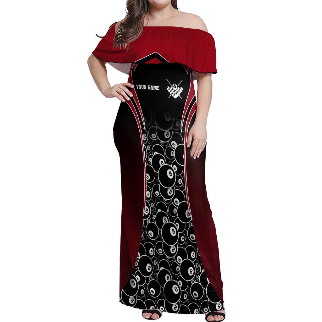 Personalized Billiards Eight Ball Off Shoulder Maxi Dress with Red Wing Emblem and Black Gradient Bubble Pattern - Wonder Print Shop
