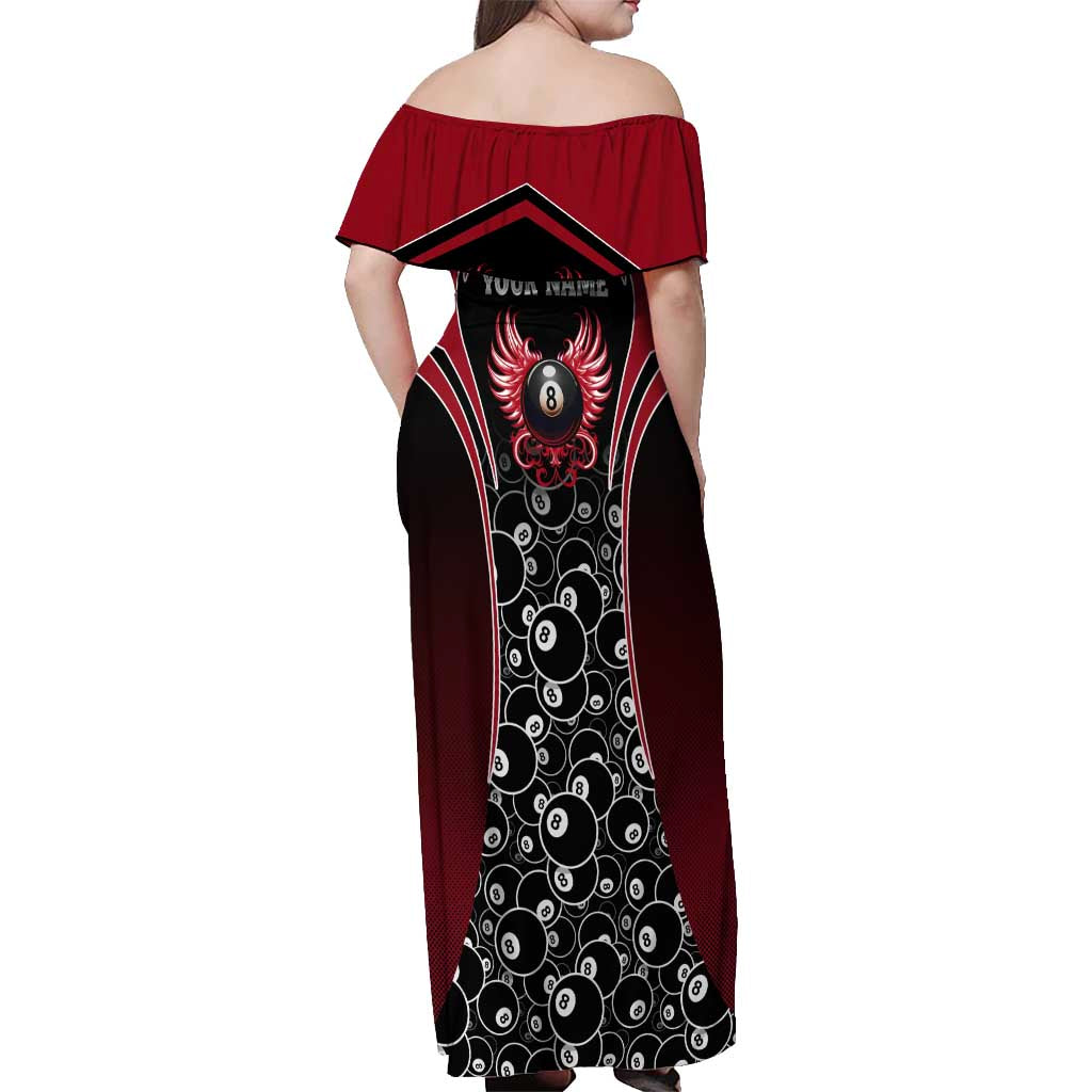 Personalized Billiards Eight Ball Off Shoulder Maxi Dress with Red Wing Emblem and Black Gradient Bubble Pattern - Wonder Print Shop