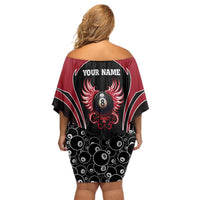Personalized Billiards Eight Ball Off Shoulder Short Dress with Red Wing Emblem and Black Gradient Bubble Pattern - Wonder Print Shop