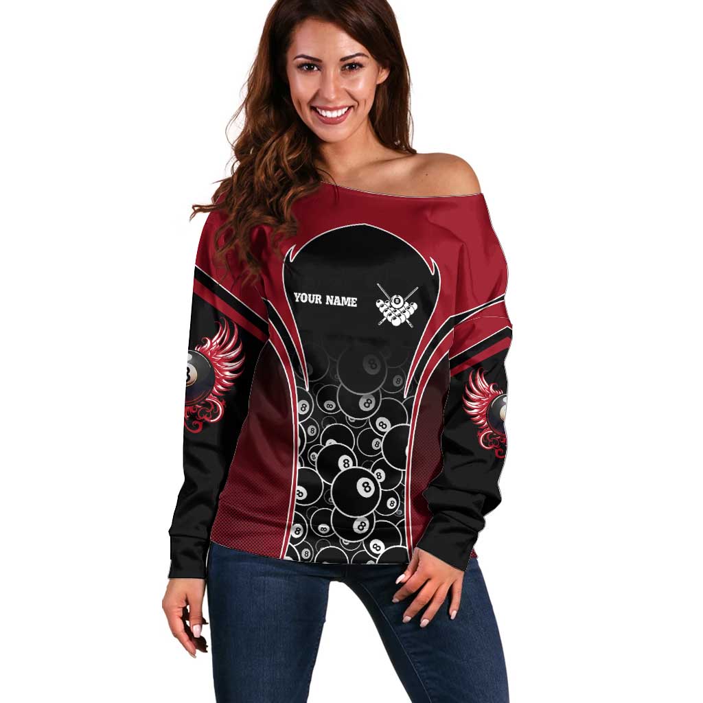 Personalized Billiards Eight Ball Off Shoulder Sweater with Red Wing Emblem and Black Gradient Bubble Pattern - Wonder Print Shop