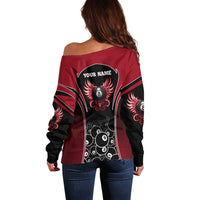 Personalized Billiards Eight Ball Off Shoulder Sweater with Red Wing Emblem and Black Gradient Bubble Pattern - Wonder Print Shop