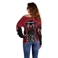 Personalized Billiards Eight Ball Off Shoulder Sweater with Red Wing Emblem and Black Gradient Bubble Pattern - Wonder Print Shop