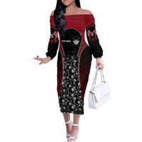 Personalized Billiards Eight Ball Off The Shoulder Long Sleeve Dress with Red Wing Emblem and Black Gradient Bubble Pattern - Wonder Print Shop