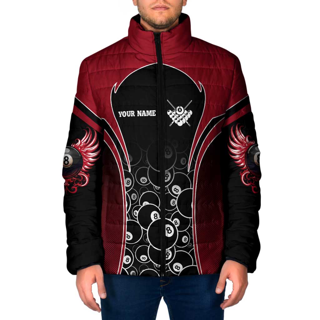 Personalized Billiards Eight Ball Padded Jacket with Red Wing Emblem and Black Gradient Bubble Pattern - Wonder Print Shop