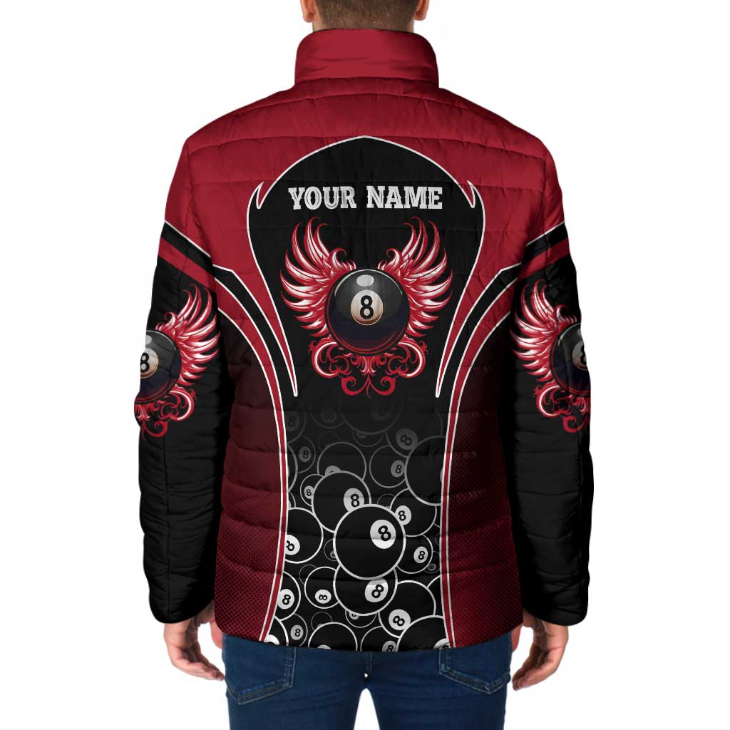 Personalized Billiards Eight Ball Padded Jacket with Red Wing Emblem and Black Gradient Bubble Pattern - Wonder Print Shop