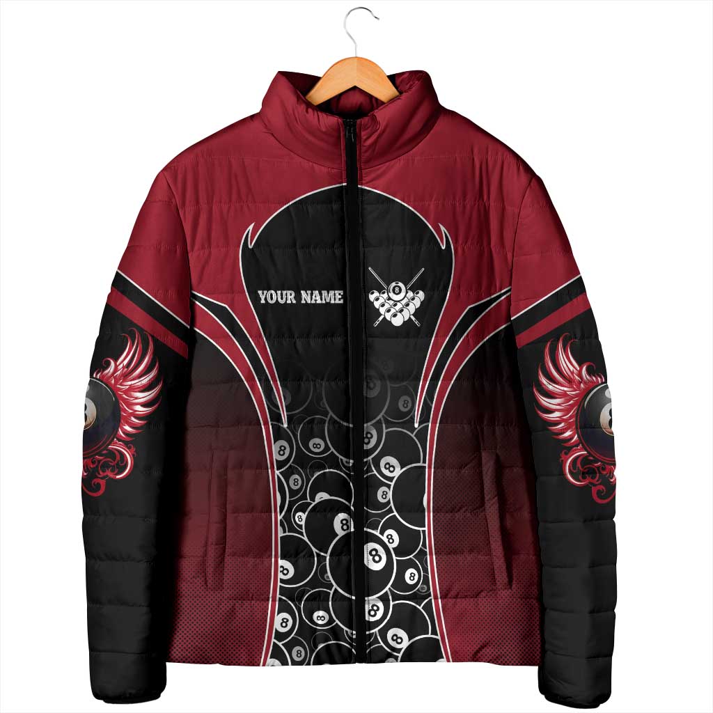 Personalized Billiards Eight Ball Padded Jacket with Red Wing Emblem and Black Gradient Bubble Pattern - Wonder Print Shop