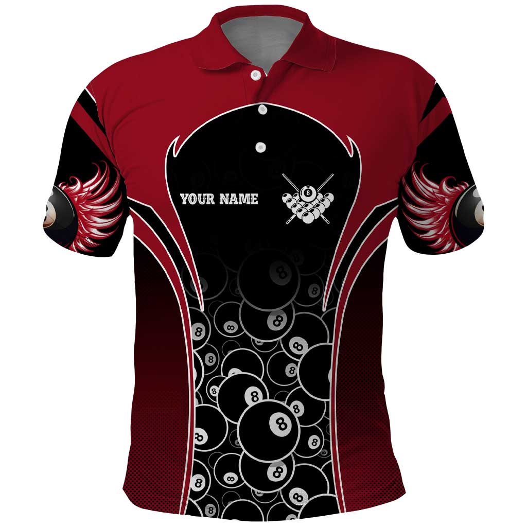 Personalized Billiards Eight Ball Polo Shirt with Red Wing Emblem and Black Gradient Bubble Pattern - Wonder Print Shop