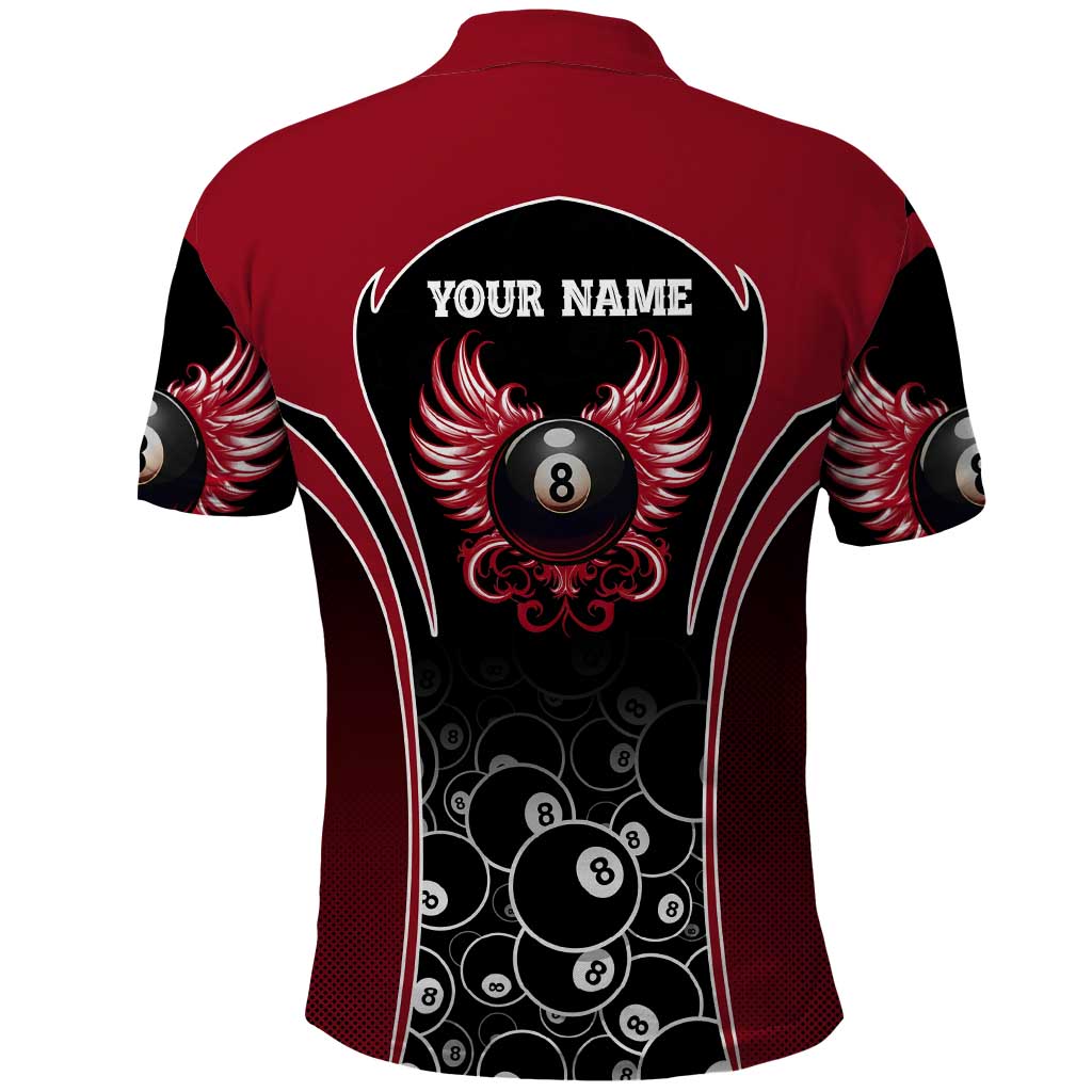 Personalized Billiards Eight Ball Polo Shirt with Red Wing Emblem and Black Gradient Bubble Pattern - Wonder Print Shop