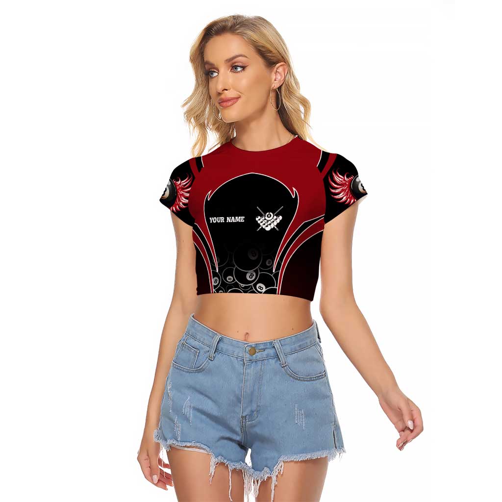 Personalized Billiards Eight Ball Raglan Cropped T Shirt with Red Wing Emblem and Black Gradient Bubble Pattern - Wonder Print Shop