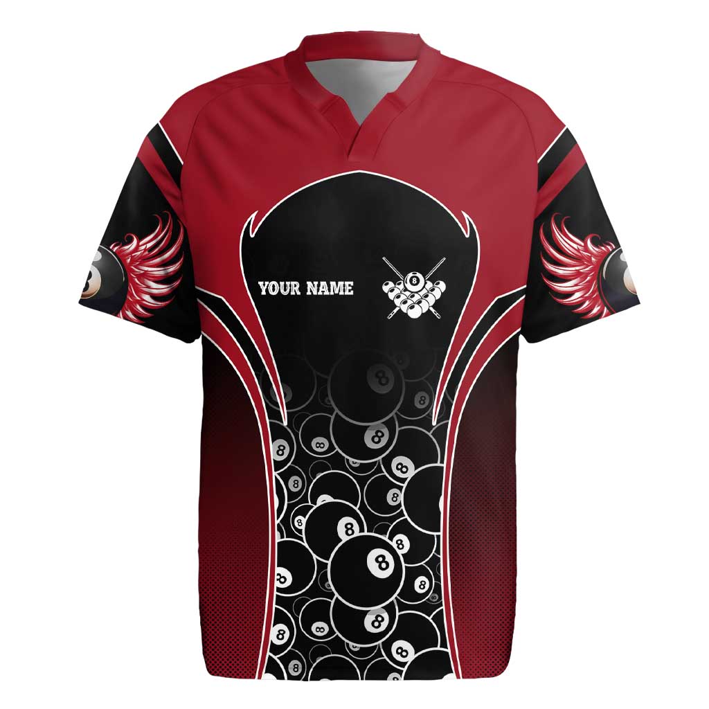 Personalized Billiards Eight Ball Rugby Jersey with Red Wing Emblem and Black Gradient Bubble Pattern - Wonder Print Shop