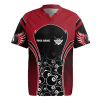 Personalized Billiards Eight Ball Rugby Jersey with Red Wing Emblem and Black Gradient Bubble Pattern - Wonder Print Shop