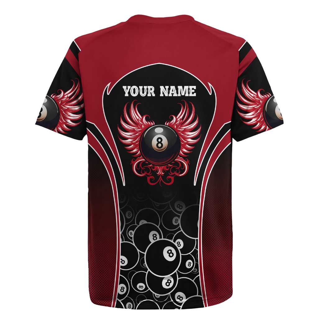 Personalized Billiards Eight Ball Rugby Jersey with Red Wing Emblem and Black Gradient Bubble Pattern - Wonder Print Shop