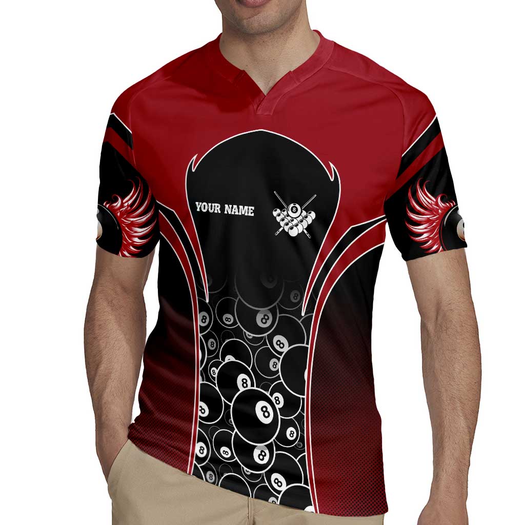 Personalized Billiards Eight Ball Rugby Jersey with Red Wing Emblem and Black Gradient Bubble Pattern - Wonder Print Shop