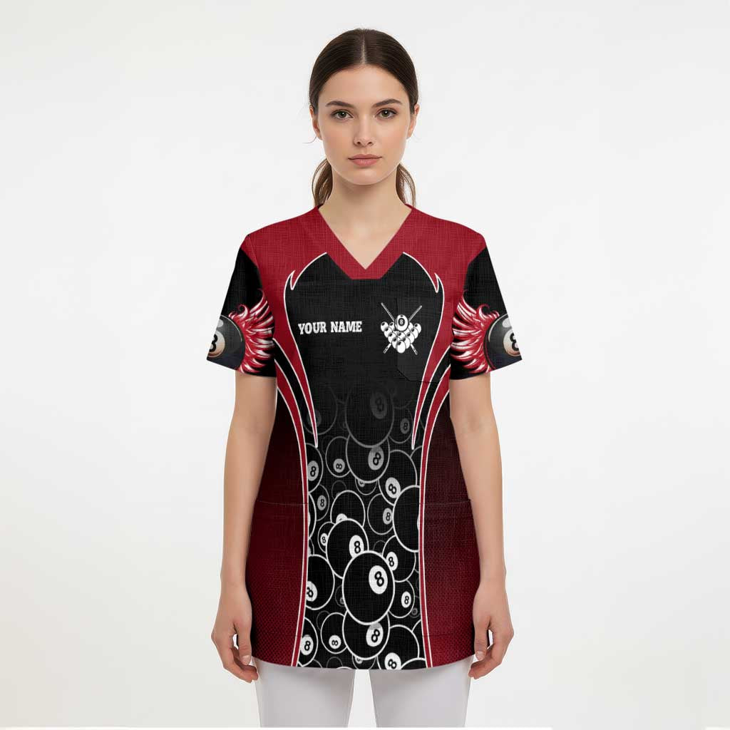 Personalized Billiards Eight Ball Scrub Top with Red Wing Emblem and Black Gradient Bubble Pattern - Wonder Print Shop