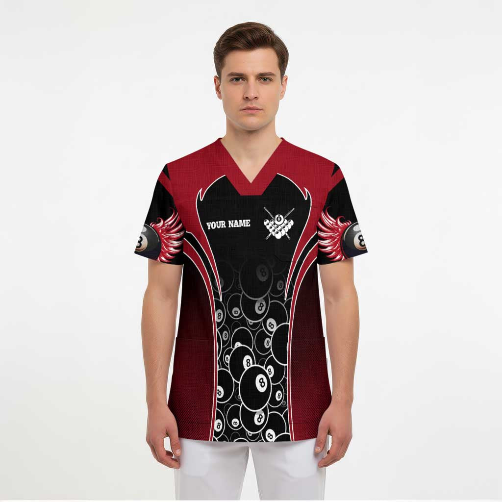 Personalized Billiards Eight Ball Scrub Top with Red Wing Emblem and Black Gradient Bubble Pattern - Wonder Print Shop