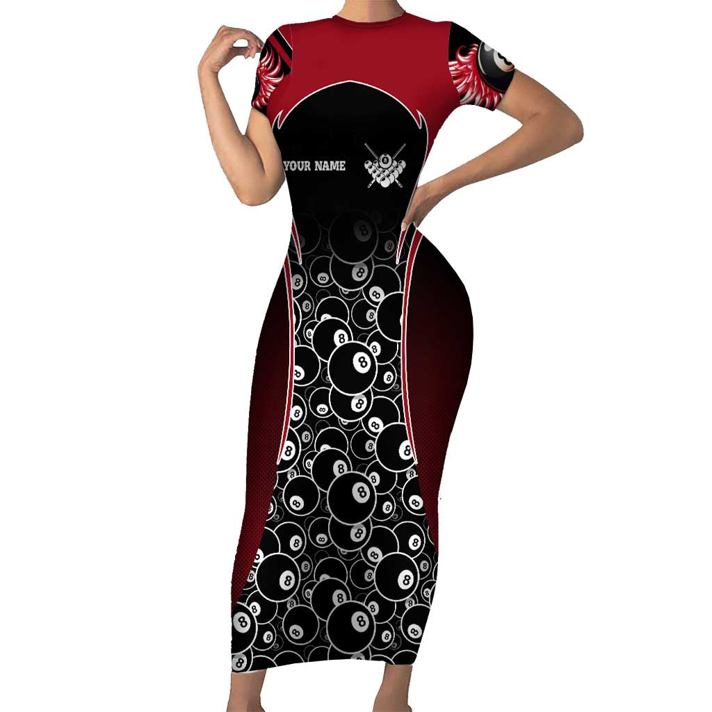 Personalized Billiards Eight Ball Short Sleeve Bodycon Dress with Red Wing Emblem and Black Gradient Bubble Pattern - Wonder Print Shop