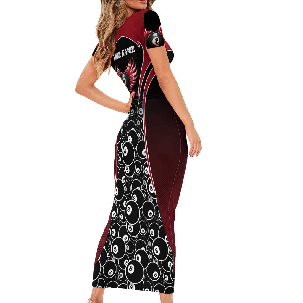 Personalized Billiards Eight Ball Short Sleeve Bodycon Dress with Red Wing Emblem and Black Gradient Bubble Pattern - Wonder Print Shop