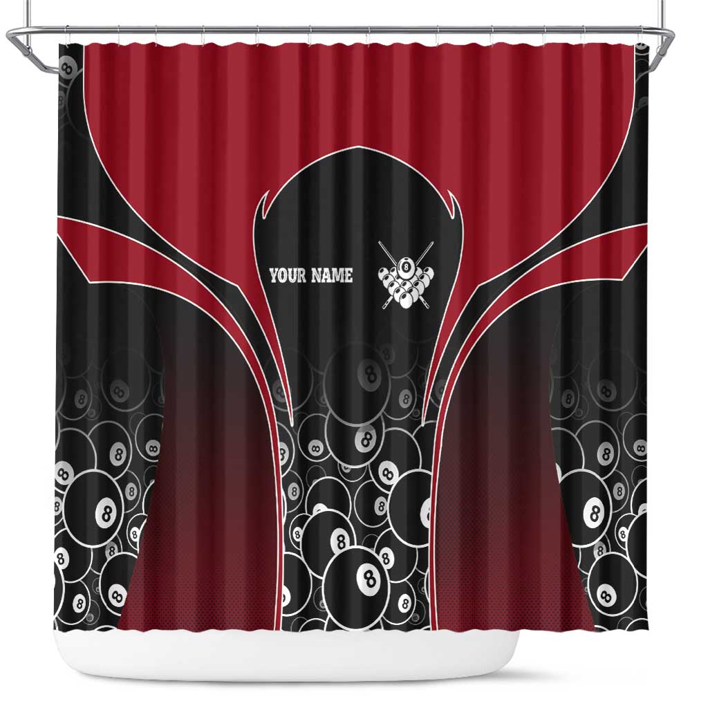 Personalized Billiards Eight Ball Shower Curtain with Red Wing Emblem and Black Gradient Bubble Pattern - Wonder Print Shop