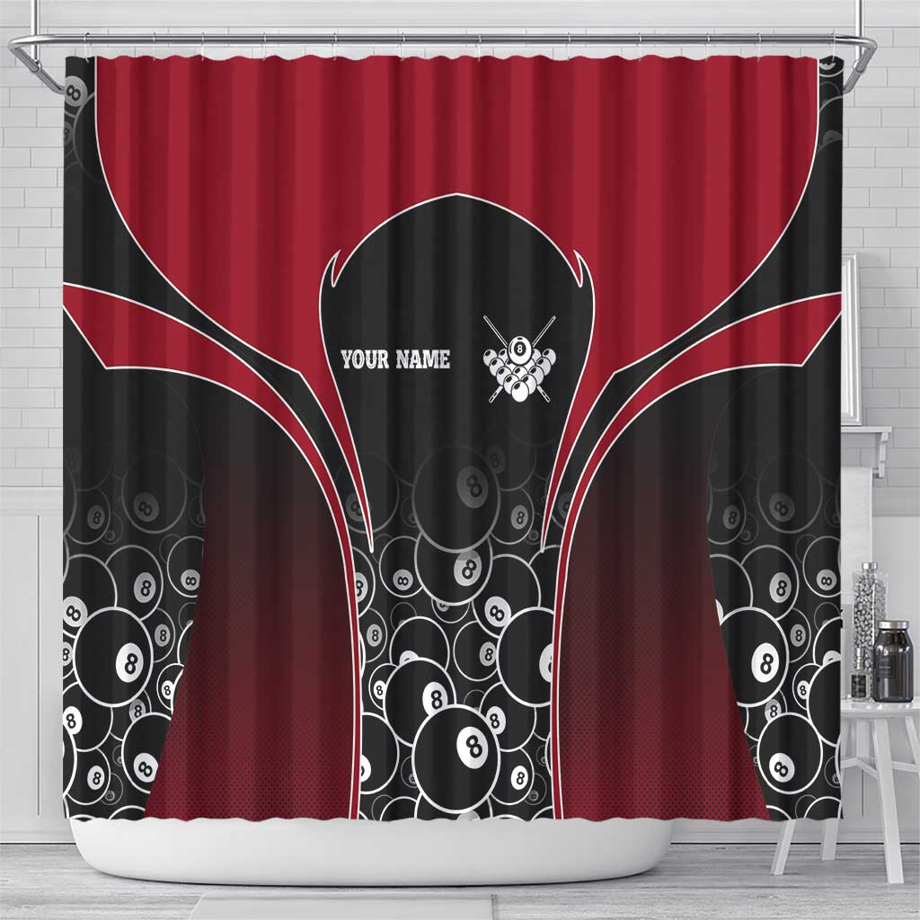 Personalized Billiards Eight Ball Shower Curtain with Red Wing Emblem and Black Gradient Bubble Pattern - Wonder Print Shop