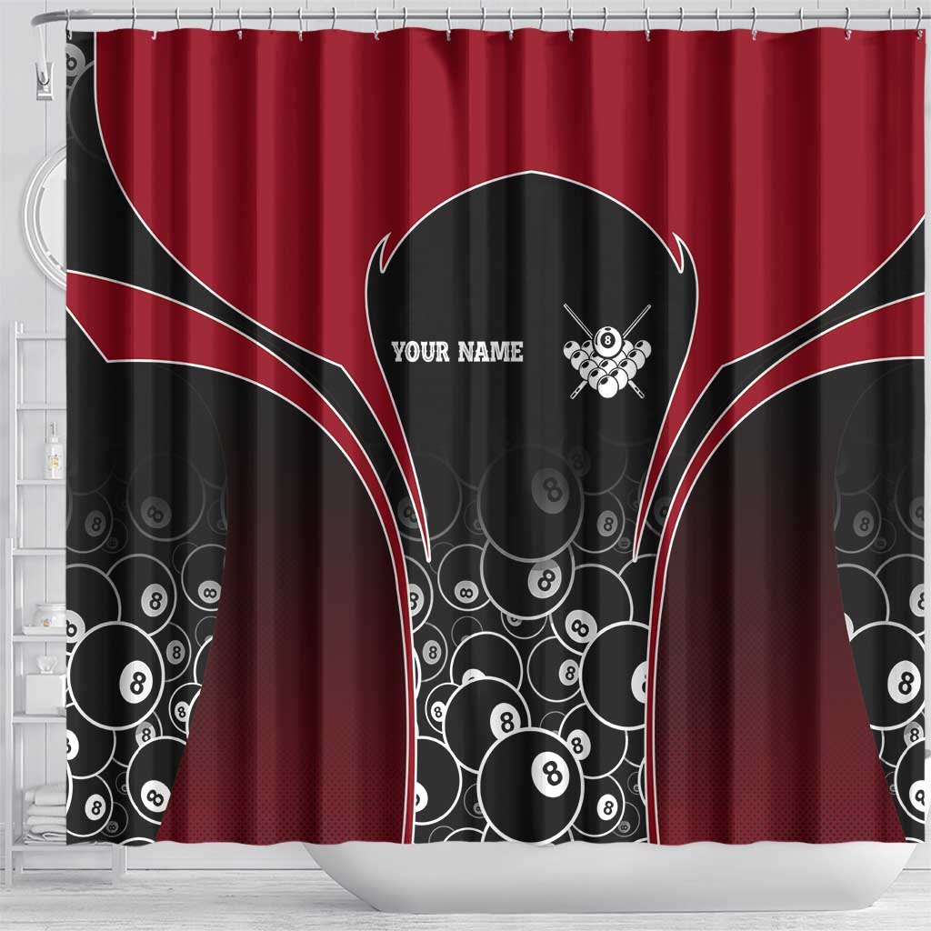 Personalized Billiards Eight Ball Shower Curtain with Red Wing Emblem and Black Gradient Bubble Pattern - Wonder Print Shop