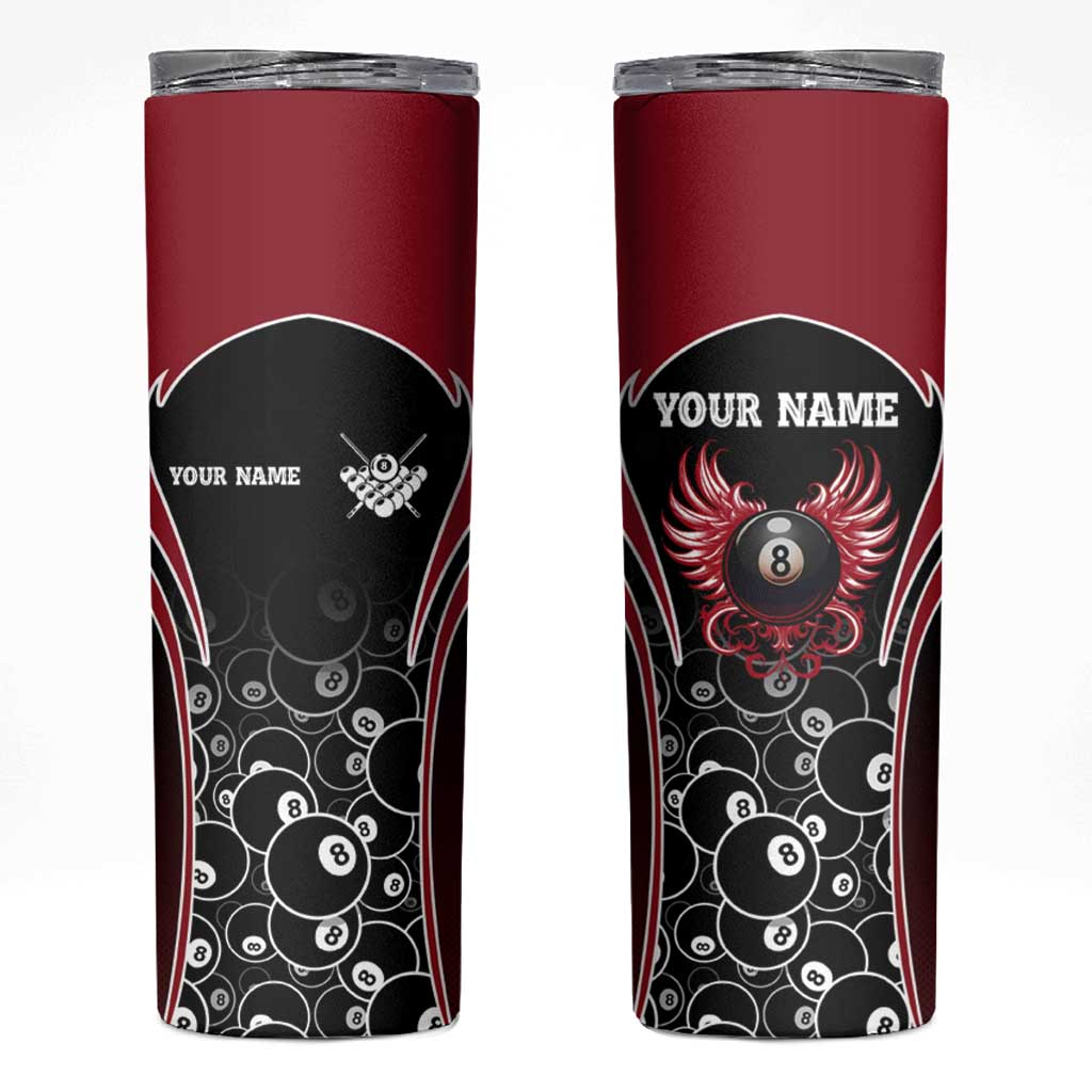 Personalized Billiards Eight Ball Skinny Tumbler with Red Wing Emblem and Black Gradient Bubble Pattern - Wonder Print Shop