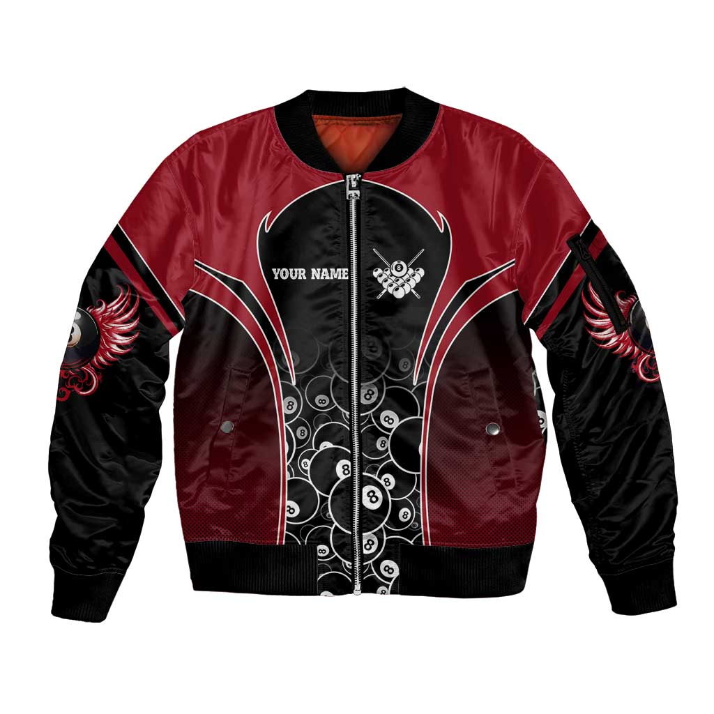 Personalized Billiards Eight Ball Sleeve Zip Bomber Jacket with Red Wing Emblem and Black Gradient Bubble Pattern - Wonder Print Shop