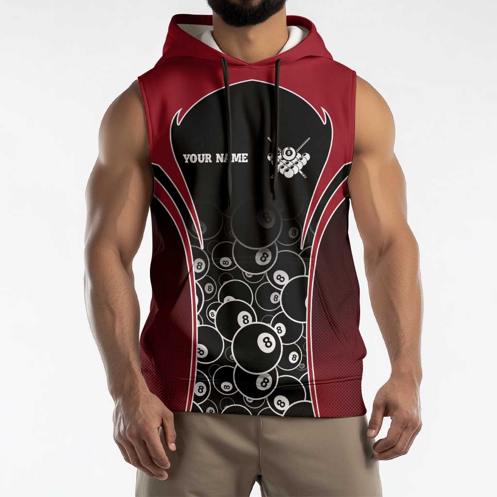 Personalized Billiards Eight Ball Sleeveless Hoodie with Red Wing Emblem and Black Gradient Bubble Pattern - Wonder Print Shop