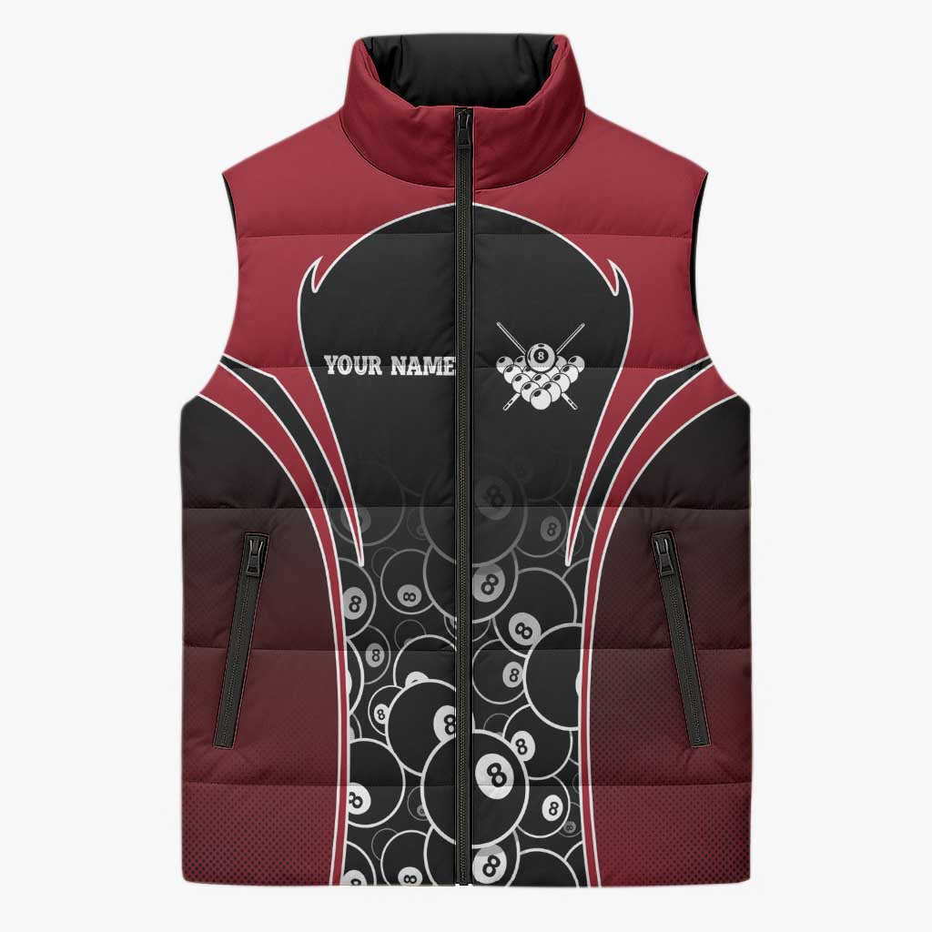 Personalized Billiards Eight Ball Sleeveless Puffer Jacket with Red Wing Emblem and Black Gradient Bubble Pattern - Wonder Print Shop