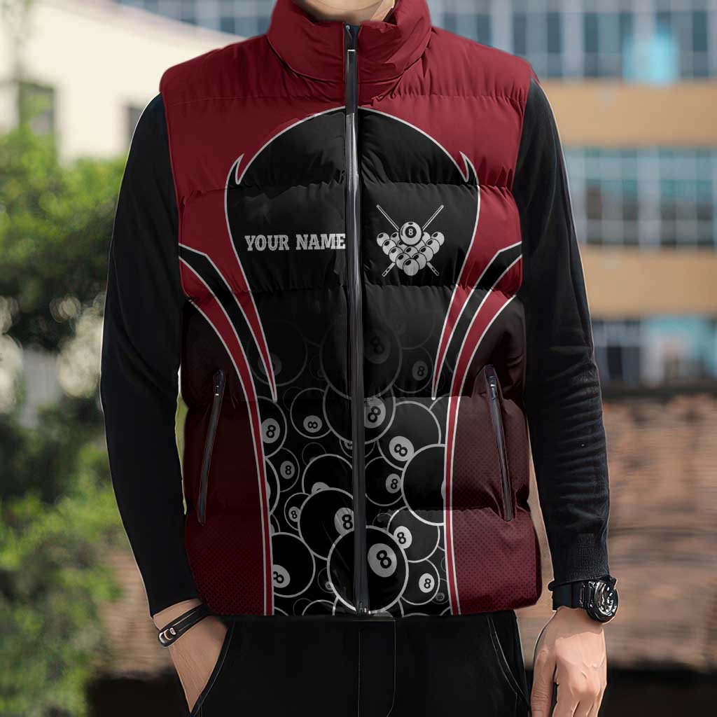 Personalized Billiards Eight Ball Sleeveless Puffer Jacket with Red Wing Emblem and Black Gradient Bubble Pattern - Wonder Print Shop