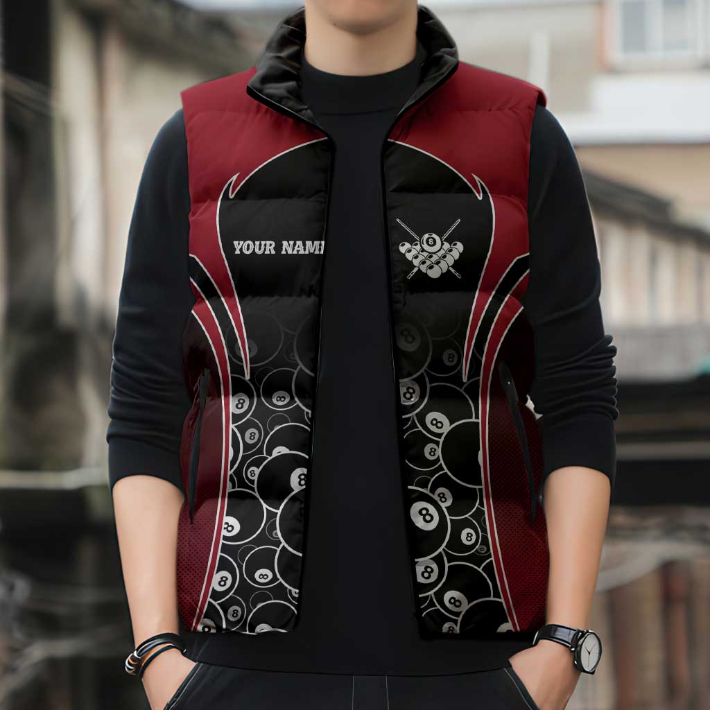 Personalized Billiards Eight Ball Sleeveless Puffer Jacket with Red Wing Emblem and Black Gradient Bubble Pattern - Wonder Print Shop