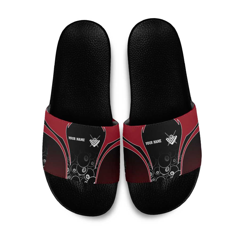 Personalized Billiards Eight Ball Slide Sandals with Red Wing Emblem and Black Gradient Bubble Pattern - Wonder Print Shop