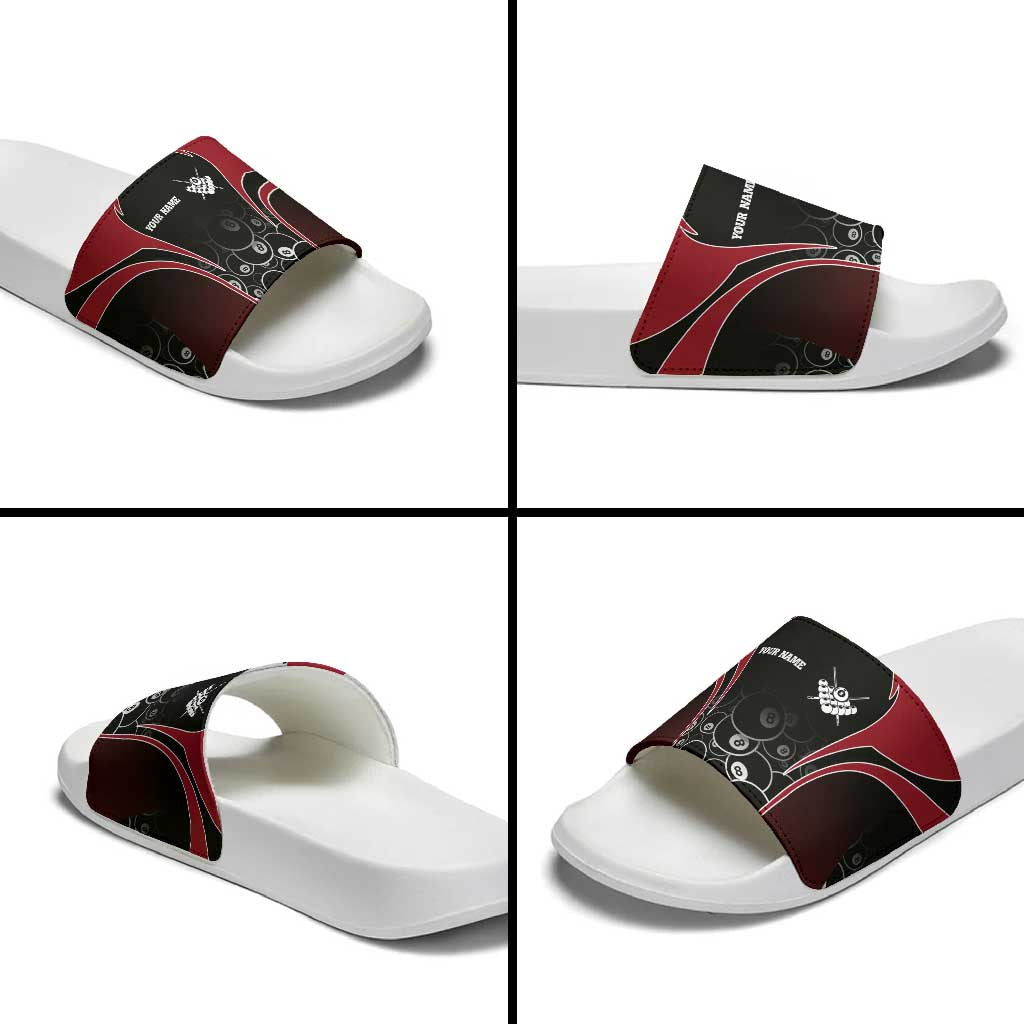 Personalized Billiards Eight Ball Slide Sandals with Red Wing Emblem and Black Gradient Bubble Pattern - Wonder Print Shop