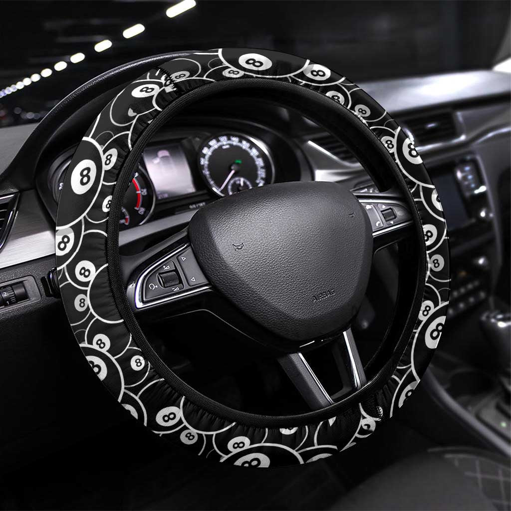 Billiards Eight Ball Steering Wheel Cover with Red Wing Emblem and Black Gradient Bubble Pattern - Wonder Print Shop