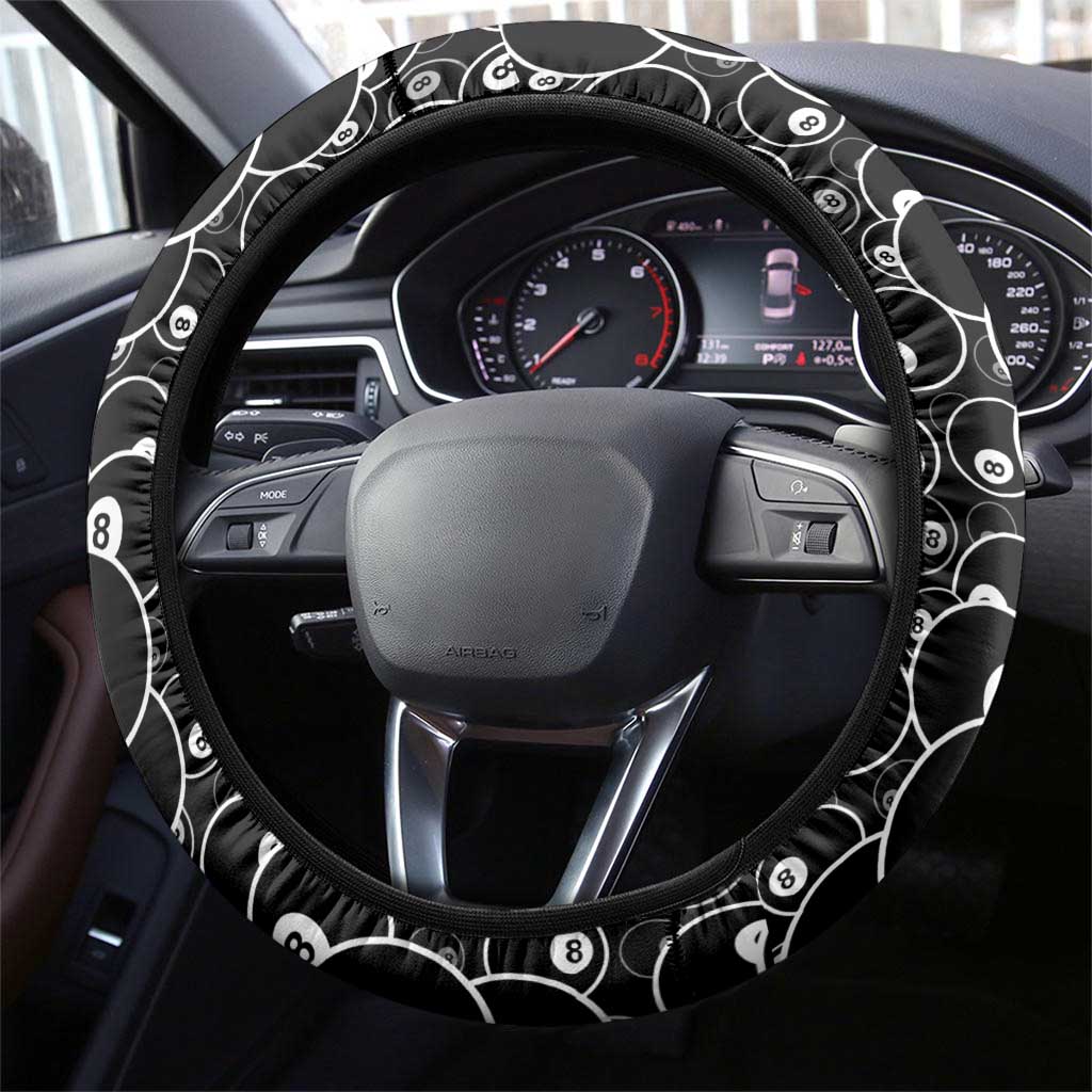 Billiards Eight Ball Steering Wheel Cover with Red Wing Emblem and Black Gradient Bubble Pattern - Wonder Print Shop