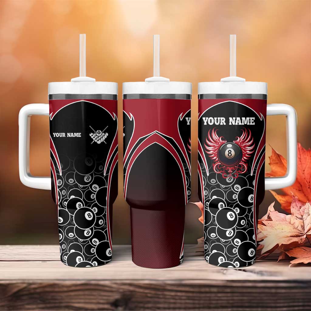 Personalized Billiards Eight Ball Tumbler With Handle with Red Wing Emblem and Black Gradient Bubble Pattern - Wonder Print Shop
