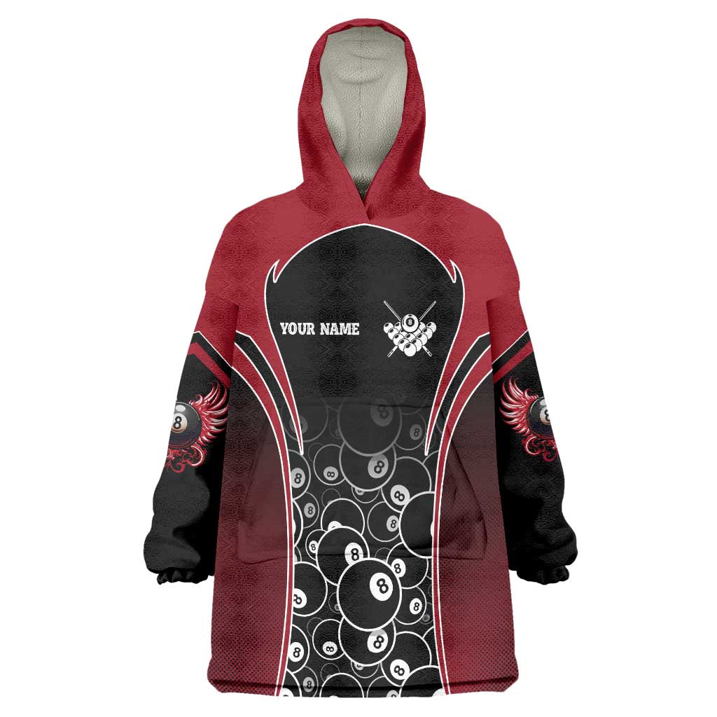Personalized Billiards Eight Ball Wearable Blanket Hoodie with Red Wing Emblem and Black Gradient Bubble Pattern - Wonder Print Shop