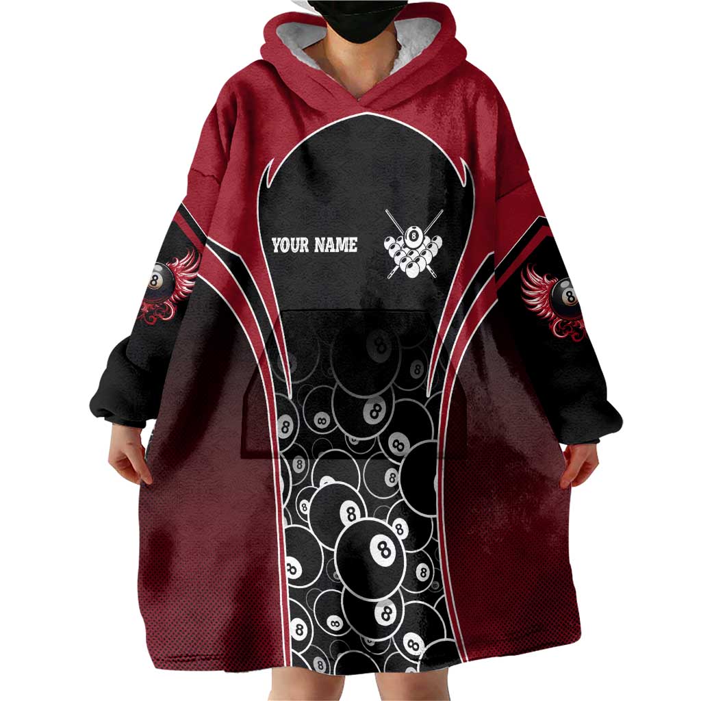 Personalized Billiards Eight Ball Wearable Blanket Hoodie with Red Wing Emblem and Black Gradient Bubble Pattern - Wonder Print Shop