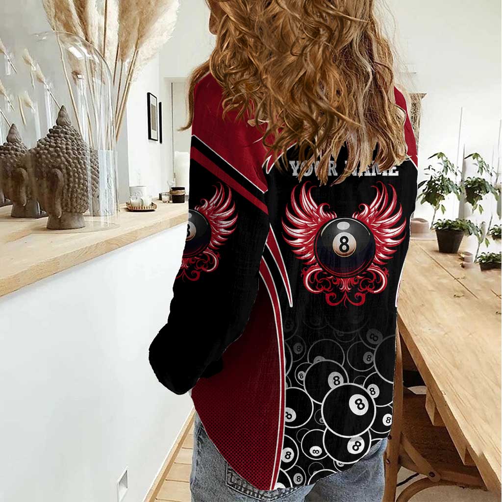 Personalized Billiards Eight Ball Women Casual Shirt with Red Wing Emblem and Black Gradient Bubble Pattern - Wonder Print Shop