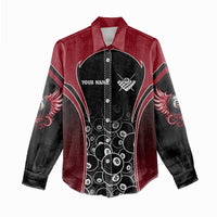 Personalized Billiards Eight Ball Women Casual Shirt with Red Wing Emblem and Black Gradient Bubble Pattern - Wonder Print Shop