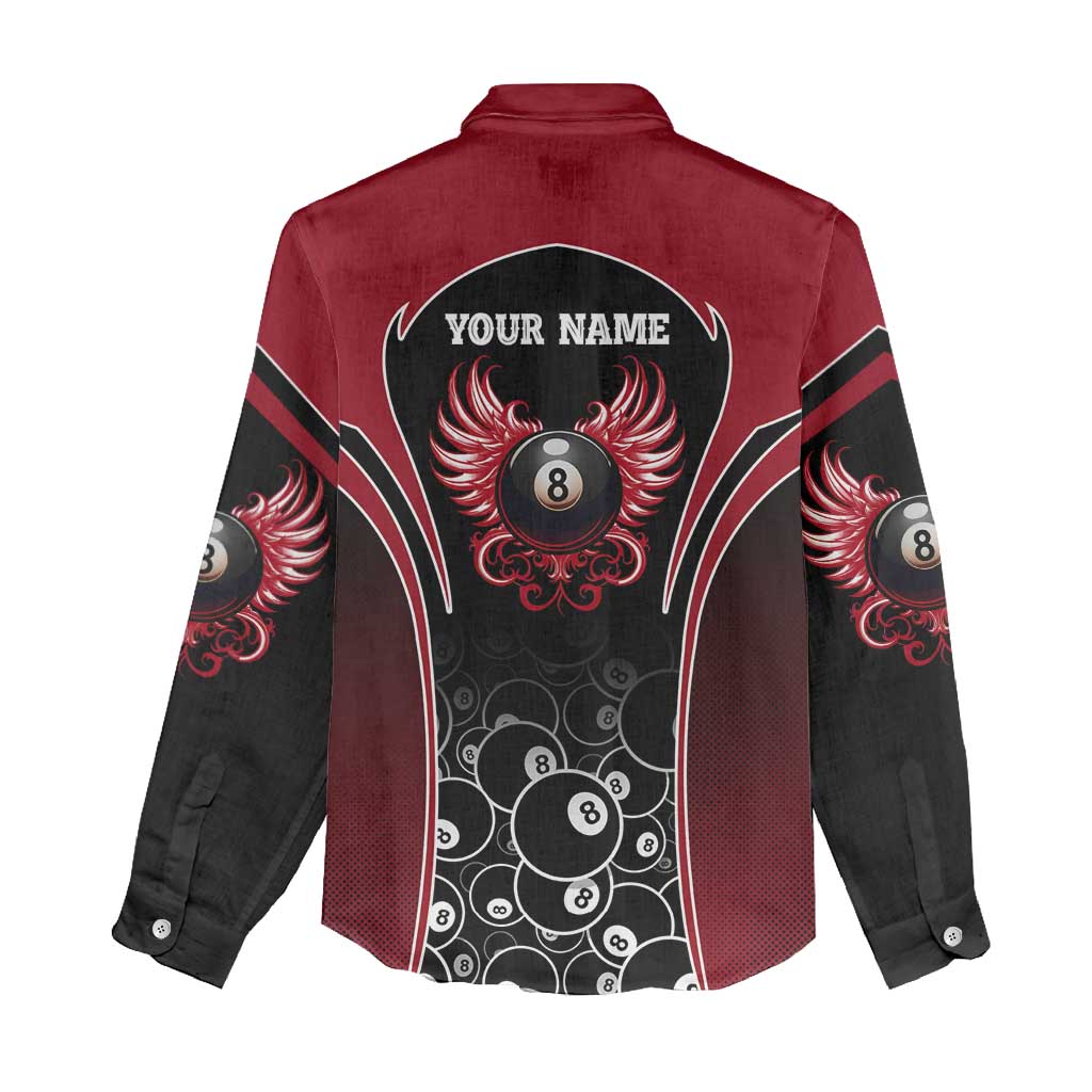 Personalized Billiards Eight Ball Women Casual Shirt with Red Wing Emblem and Black Gradient Bubble Pattern - Wonder Print Shop