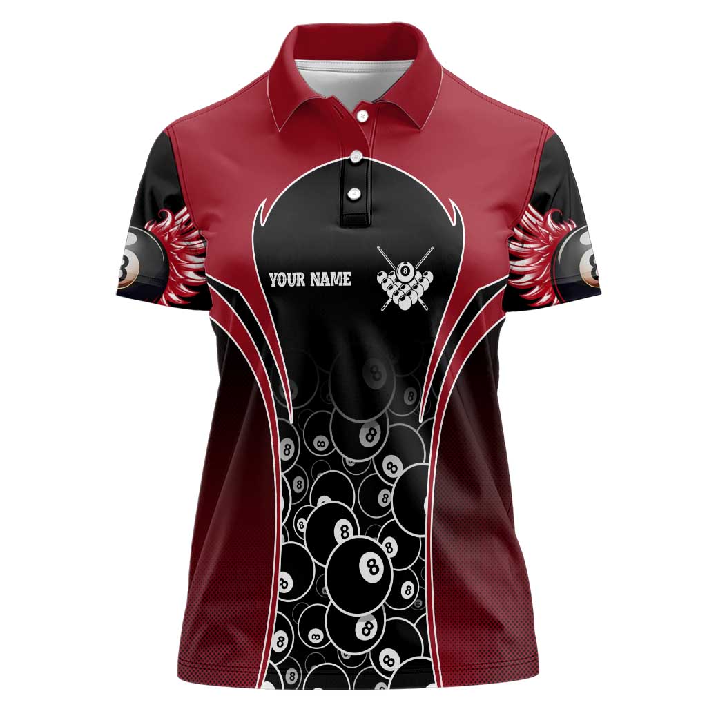 Personalized Billiards Eight Ball Women Polo Shirt with Red Wing Emblem and Black Gradient Bubble Pattern - Wonder Print Shop
