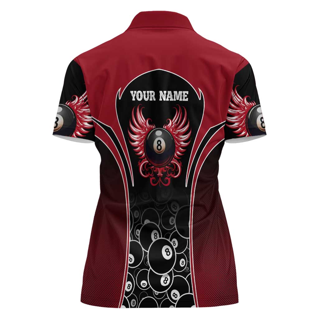 Personalized Billiards Eight Ball Women Polo Shirt with Red Wing Emblem and Black Gradient Bubble Pattern - Wonder Print Shop